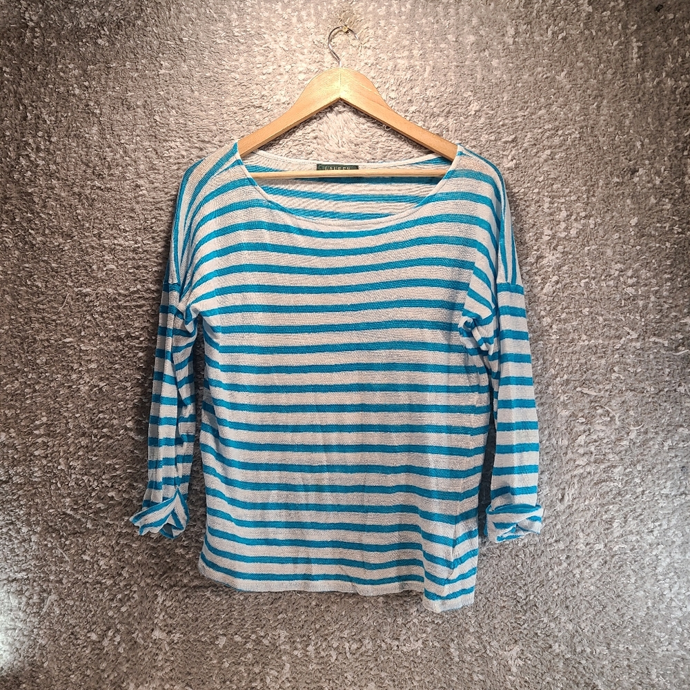 Lauren Ralph Lauren Top Size S/M Linen Striped Blue White Lightweight READ
